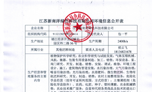 江苏新南洋绿色科技有限公司环境信息公开表